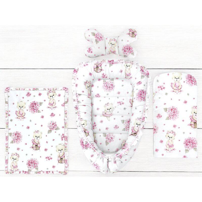 Set 4 in 1 Cosulet bebelus, MimiNu, Baby Cocoon 75x55 cm, Husa bumbac, Din bumbac certificat Oeko Tex Standard 100, Cu paturica 50x70 cm, Cu salteluta, Cu perna fluture, Design, Pink Ballerina - gogobaby.ro