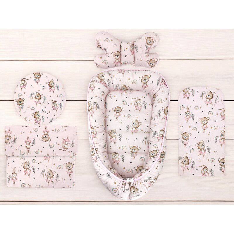 Set 4 in 1 Cosulet bebelus, MimiNu, Baby Cocoon 75x55 cm, Husa bumbac, Din bumbac certificat Oeko Tex Standard 100, Cu paturica 50x70 cm, Cu salteluta, Cu perna fluture, Design, Little Ballerina Pink - gogobaby.ro