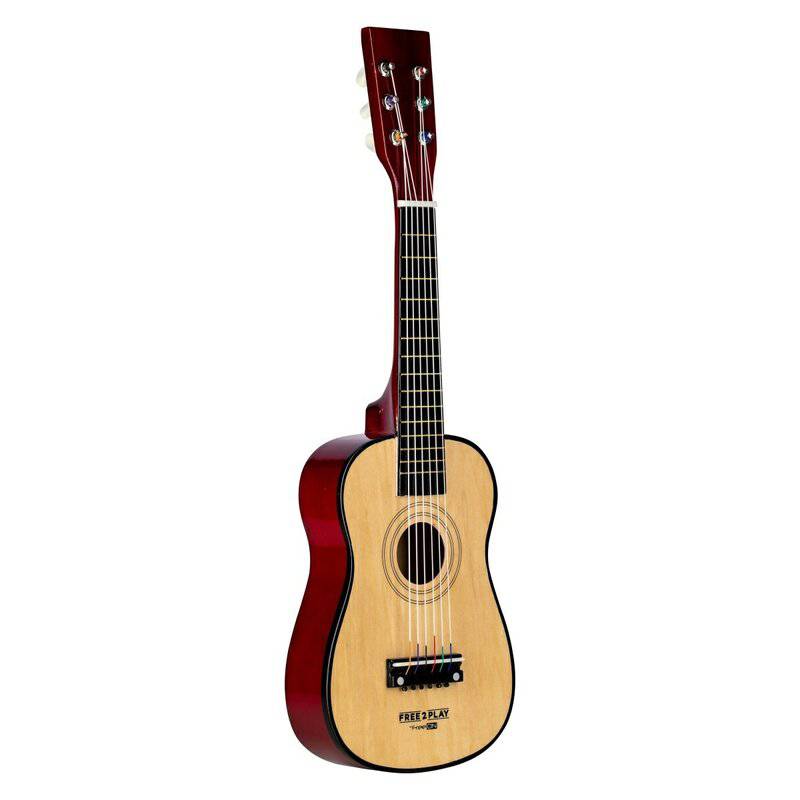 Chitara din lemn, Free2Play, Cu 6 corzi metalice, Dezvolta abilitatile motorii, Stimuleaza auzul si atentia auditiva, 59 cm, 3 ani+, Brown - gogobaby.ro