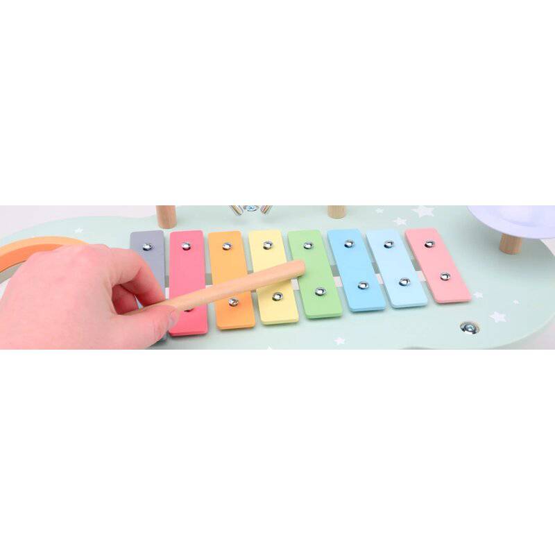 Masuta muzicala, Joueco, Multifunctionala, Din lemn certificat FSC, Cu accesorii, 44 8 x 22 5 x 24 5 cm, 12 luni+, Multicolor - gogobaby.ro