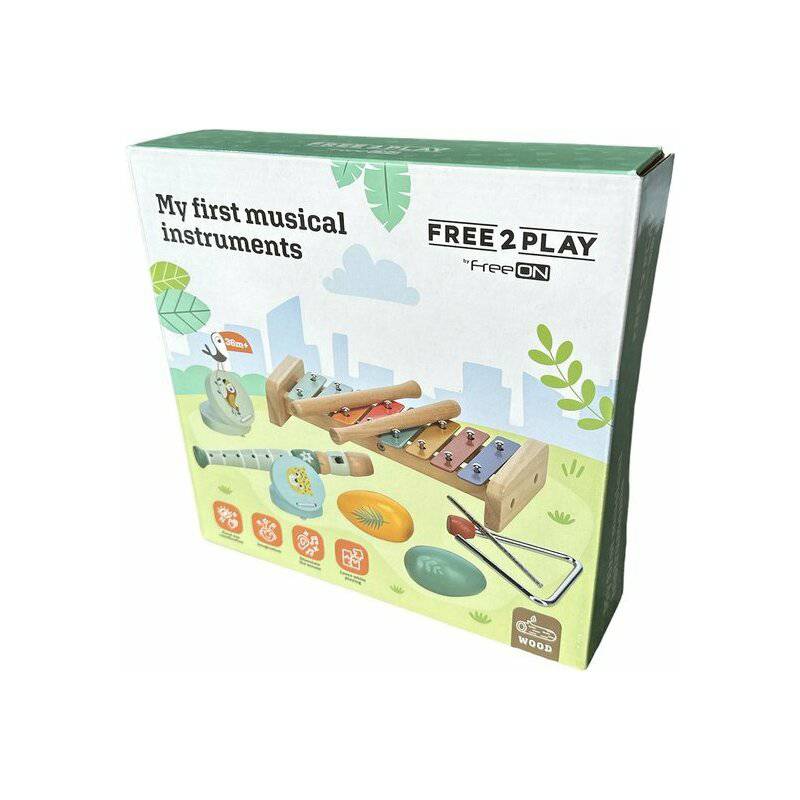 Set instrumente muzicale, Free2Play, 5 in 1, Contine xilofon, Fluier, Din lemn, Conform cu standardul european de securitate EN71/123, 3 ani+, Multicolor - gogobaby.ro