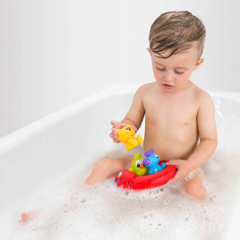 Set 3 animalute de baie si barca plutitoare, Playgro, Fara gauri, Cu gentuta pentru transport, Fara BPA, Splash and Float Friends, Multicolor - gogobaby.ro