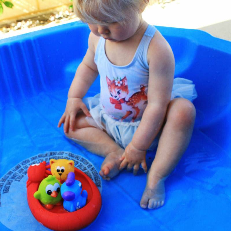 Set 3 animalute de baie si barca plutitoare, Playgro, Fara gauri, Cu gentuta pentru transport, Fara BPA, Splash and Float Friends, Multicolor - gogobaby.ro