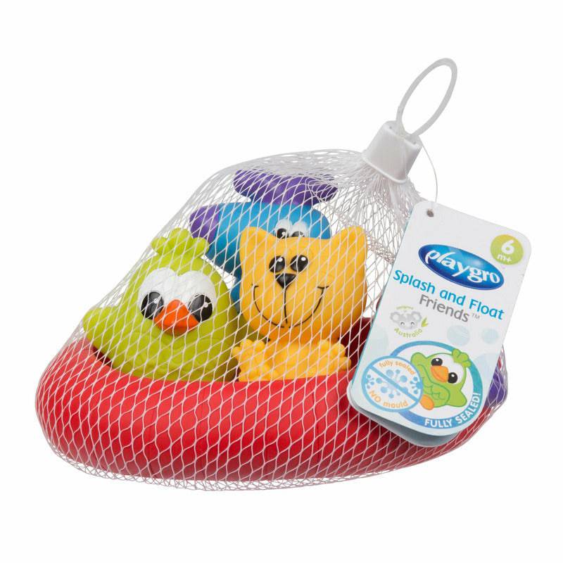 Set 3 animalute de baie si barca plutitoare, Playgro, Fara gauri, Cu gentuta pentru transport, Fara BPA, Splash and Float Friends, Multicolor - gogobaby.ro