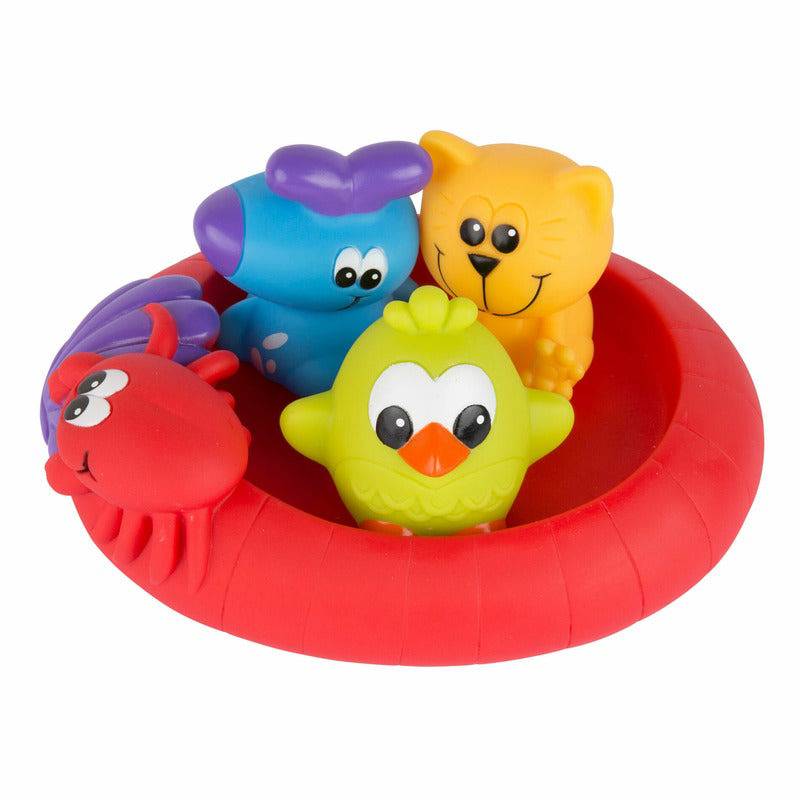 Set 3 animalute de baie si barca plutitoare, Playgro, Fara gauri, Cu gentuta pentru transport, Fara BPA, Splash and Float Friends, Multicolor - gogobaby.ro