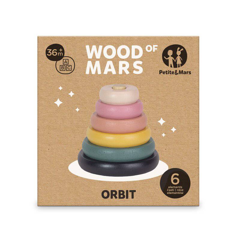 Jucarie de stivuire, Petite&Mars, Turn Orbit Wood of Mars, 10 cm, 36 luni+, Multicolor - gogobaby.ro