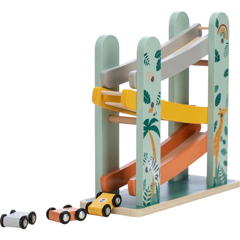 Pista de masini, Free2Play, Safari, Din lemn, Cu 3 masinute incluse, 26.9 x 23.6 x 7 cm, Conform cu standardele europene EN71-1;2018, EN71-2:2020, EN71-3:2021 - gogobaby.ro