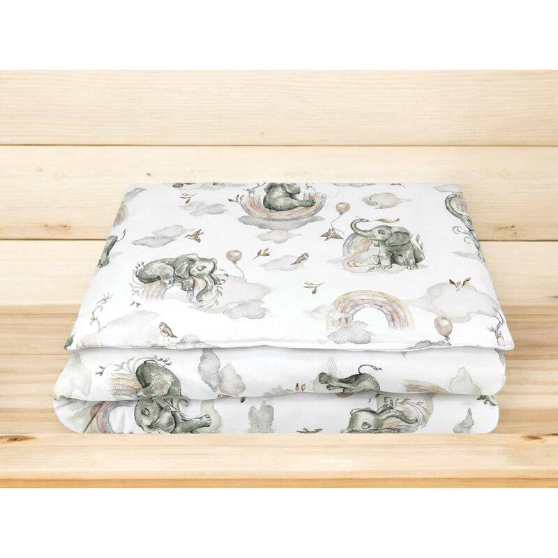 Lenjerie patut junior cu 2 piese, Qmini, Din bumbac certificat Oeko Tex Standard 100, 140 x 200 cm, Elephants on Rainbow