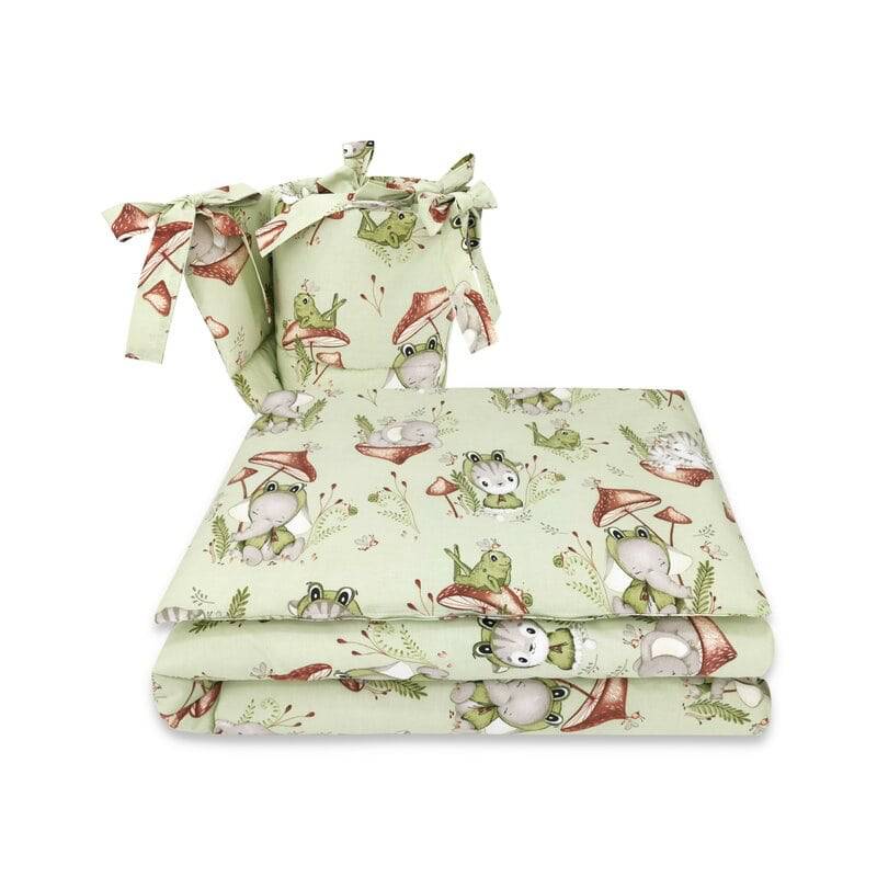 Lenjerie patut 3 piese, Qmini, Pentru patut 120x60 cm, Cu protectie laterala, Din bumbac certificat Oeko Tex Standard 100, Frogs - gogobaby.ro