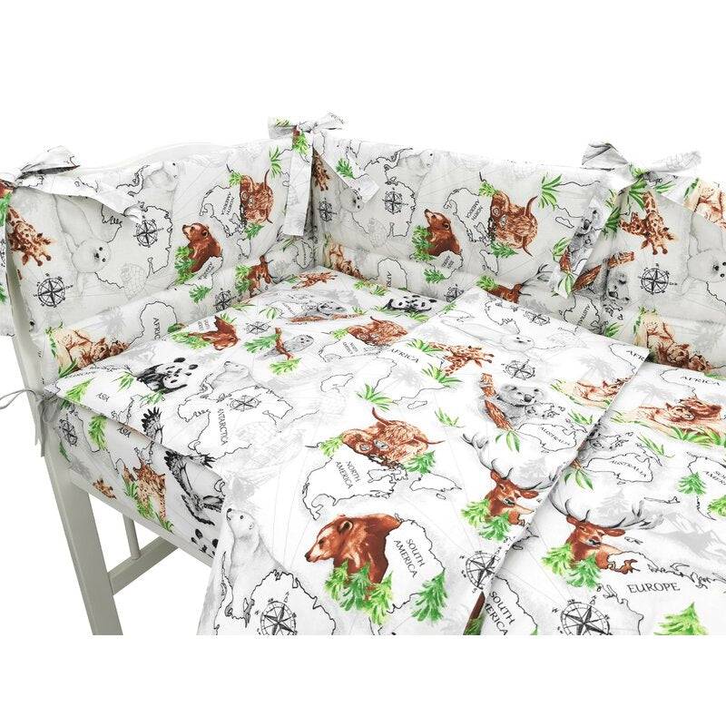 Lenjerie patut 3 piese, Qmini, Pentru patut 120x60 cm, Cu protectie laterala, Din bumbac certificat Oeko Tex Standard 100, The continents - gogobaby.ro