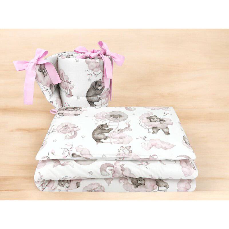 Lenjerie patut 3 piese, Qmini, Pentru patut 140x70 cm, Cu protectie laterala, Din bumbac certificat Oeko Tex Standard 100, Teddy Bear and Friends Pink - gogobaby.ro
