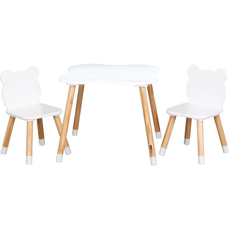 Set masuta si doua scaune, FreeON, Bear, Pentru copii, Din lemn, Cu marginile rotunjite, Conform cu standardele europene de securitate EN71-1;2018, EN71-2:2020, EN71-3:2021, Alb - gogobaby.ro