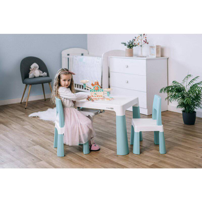 Set masuta si doua scaune, FreeON, Neo, Pentru copii, Cu doua sertare, Cu masa reglabila la doua inaltimi, Conform cu standardele europene de securitate EN71-1;2018, EN71-2:2020, EN71-3:2021, Gri - gogobaby.ro