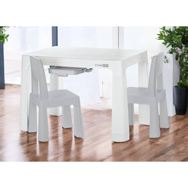 Set masuta si doua scaune, FreeON, Neo, Pentru copii, Cu doua sertare, Cu masa reglabila la doua inaltimi, Conform cu standardele europene de securitate EN71-1;2018, EN71-2:2020, EN71-3:2021, Gri - gogobaby.ro