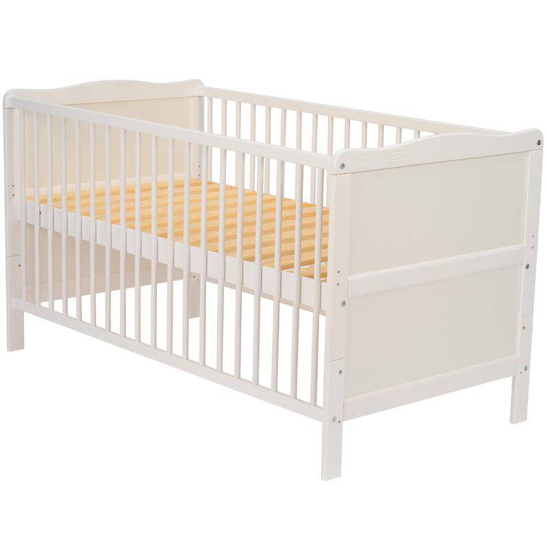Patut din lemn bebe, Transformabil si pentru junior, 140x70 cm, Din lemn de pin si mdf, Stabil si rezistent, Inaltime saltea reglabila pe 3 nivele, Laterala cu 3 bete detasabile, EN716-1, EN716-2, Alb, Babyneeds, Nadia + Saltea 12 cm - gogobaby.ro