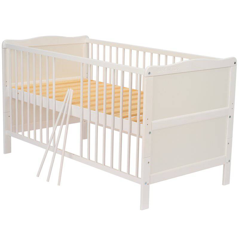 Patut din lemn bebe, Transformabil si pentru junior, 140x70 cm, Din lemn de pin si mdf, Stabil si rezistent, Inaltime saltea reglabila pe 3 nivele, Laterala cu 3 bete detasabile, EN716-1, EN716-2, Alb, Babyneeds, Nadia + Saltea 12 cm - gogobaby.ro