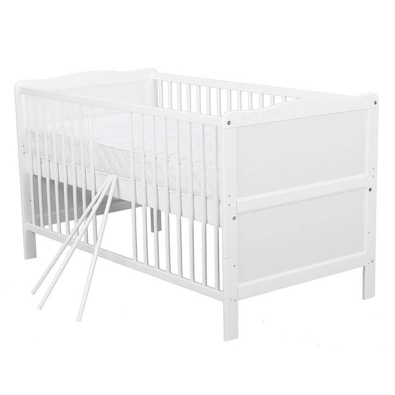 Patut din lemn bebe, Transformabil si pentru junior, 140x70 cm, Din lemn de pin si mdf, Stabil si rezistent, Inaltime saltea reglabila pe 3 nivele, Laterala cu 3 bete detasabile, EN716-1, EN716-2, Alb, Babyneeds, Nadia + Saltea 12 cm - gogobaby.ro