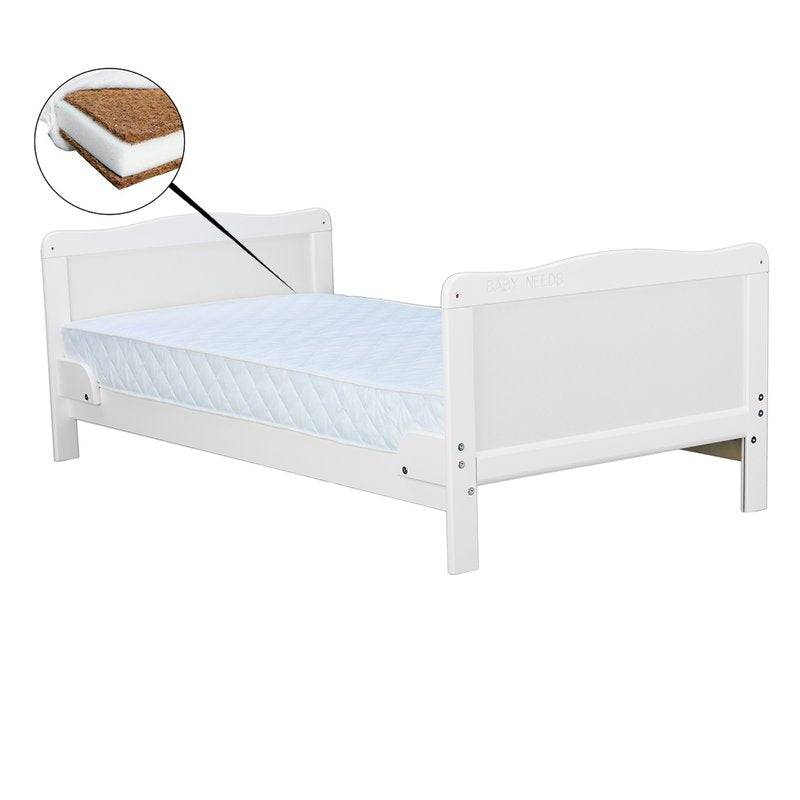 Patut din lemn bebe, Transformabil si pentru junior, 140x70 cm, Din lemn de pin si mdf, Stabil si rezistent, Inaltime saltea reglabila pe 3 nivele, Laterala cu 3 bete detasabile, EN716-1, EN716-2, Alb, Babyneeds, Nadia + Saltea 12 cm - gogobaby.ro