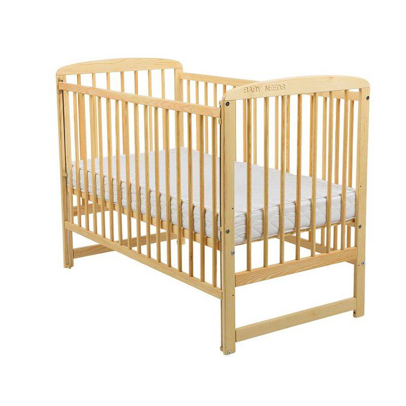 Patut din lemn bebe, 120x60 cm, Cu laterala culisanta, Din lemn de pin, Stabil si rezistent, Inaltime saltea reglabila pe 3 nivele, Laterala cu 3 bete detasabile, EN716-1, EN716-2, Natur, Babyneeds, Ola + Saltea 10 cm - gogobaby.ro