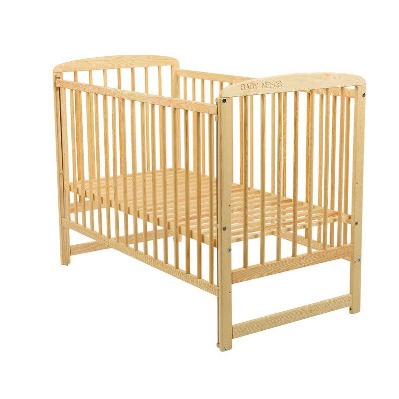 Patut din lemn bebe, 120x60 cm, Cu laterala culisanta, Din lemn de pin, Stabil si rezistent, Inaltime saltea reglabila pe 3 nivele, Laterala cu 3 bete detasabile, EN716-1, EN716-2, Natur, Babyneeds, Ola + Saltea 10 cm - gogobaby.ro