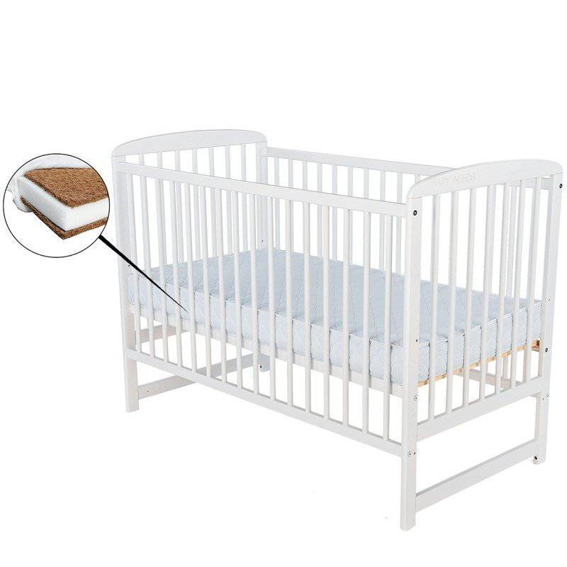 Patut din lemn bebe, 120X60 cm, Din lemn de pin, Stabil si rezistent, Inaltime saltea reglabila pe 3 nivele, Laterala cu 3 bete detasabile, EN716-1, EN716-2, Alb, Babyneeds, Ola + Saltea 12 cm - gogobaby.ro