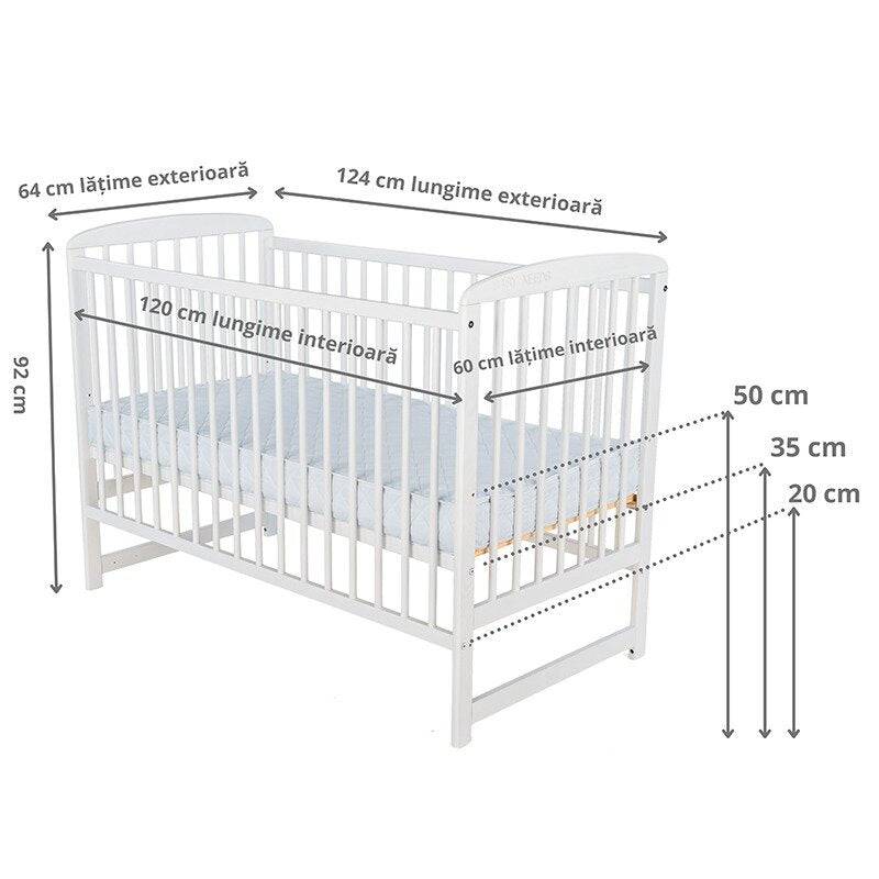 Patut din lemn bebe, 120X60 cm, Din lemn de pin, Stabil si rezistent, Inaltime saltea reglabila pe 3 nivele, Laterala cu 3 bete detasabile, EN716-1, EN716-2, Alb, Babyneeds, Ola + Saltea 12 cm - gogobaby.ro