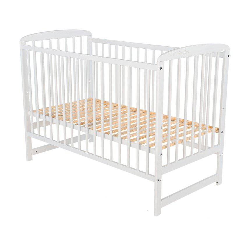 Patut din lemn bebe, 120X60 cm, Din lemn de pin, Stabil si rezistent, Inaltime saltea reglabila pe 3 nivele, Laterala cu 3 bete detasabile, EN716-1, EN716-2, Alb, Babyneeds, Ola + Saltea 12 cm - gogobaby.ro