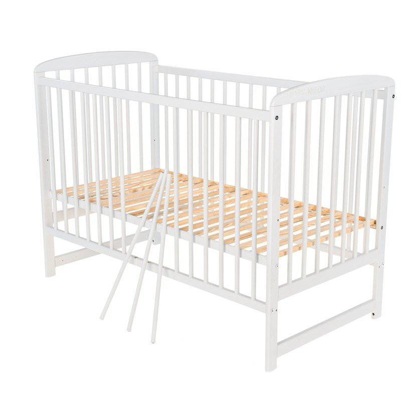 Patut din lemn bebe, 120X60 cm, Din lemn de pin, Stabil si rezistent, Inaltime saltea reglabila pe 3 nivele, Laterala cu 3 bete detasabile, EN716-1, EN716-2, Alb, Babyneeds, Ola + Saltea 12 cm - gogobaby.ro