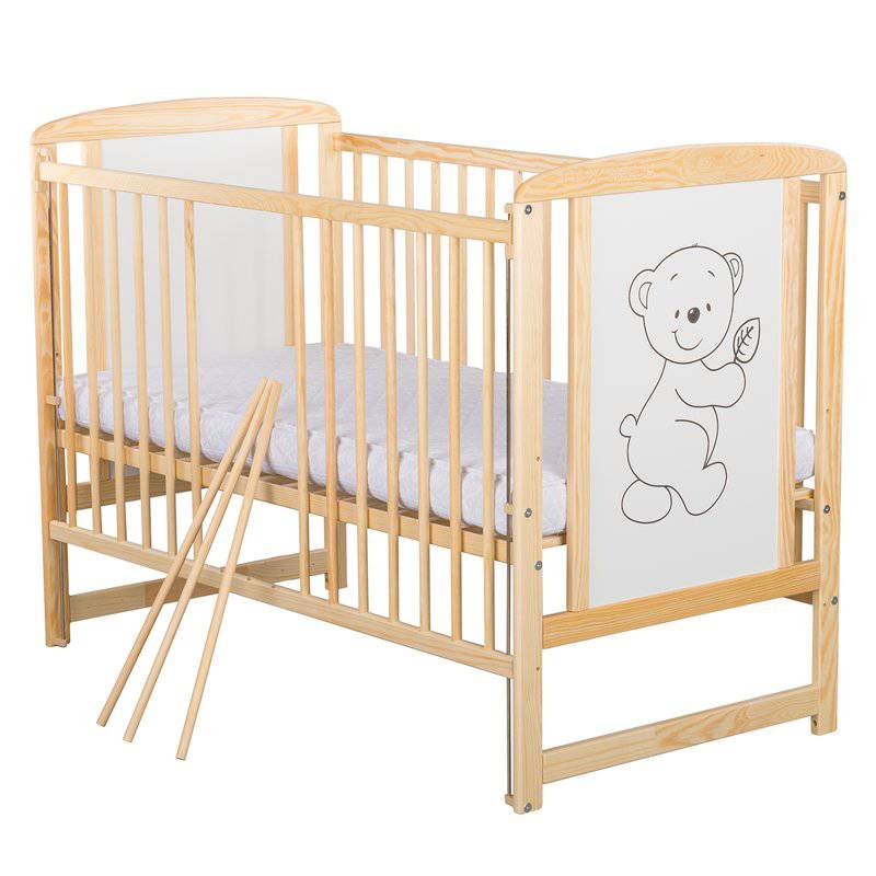 Patut din lemn bebe, 120x60 cm, Cu laterala culisanta, Din lemn de pin si mdf, Stabil si rezistent, Inaltime saltea reglabila pe 3 nivele, Laterala cu 3 bete detasabile, EN716-1, EN716-2, Natur, Babyneeds, Timmi + Saltea 10 cm - gogobaby.ro