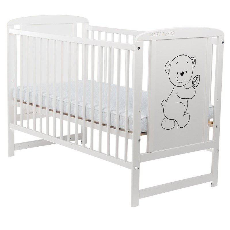Patut din lemn bebe, 120x60 cm, Din lemn de pin si mdf, Stabil si rezistent, Inaltime saltea reglabila pe 3 nivele, Laterala cu 3 bete detasabile, EN716-1, EN716-2, Alb, Babyneeds, Timmi + Saltea 8 cm - gogobaby.ro