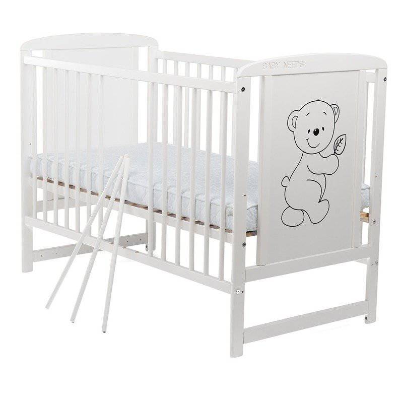 Patut din lemn bebe, 120x60 cm, Din lemn de pin si mdf, Stabil si rezistent, Inaltime saltea reglabila pe 3 nivele, Laterala cu 3 bete detasabile, EN716-1, EN716-2, Alb, Babyneeds, Timmi + Saltea 8 cm - gogobaby.ro