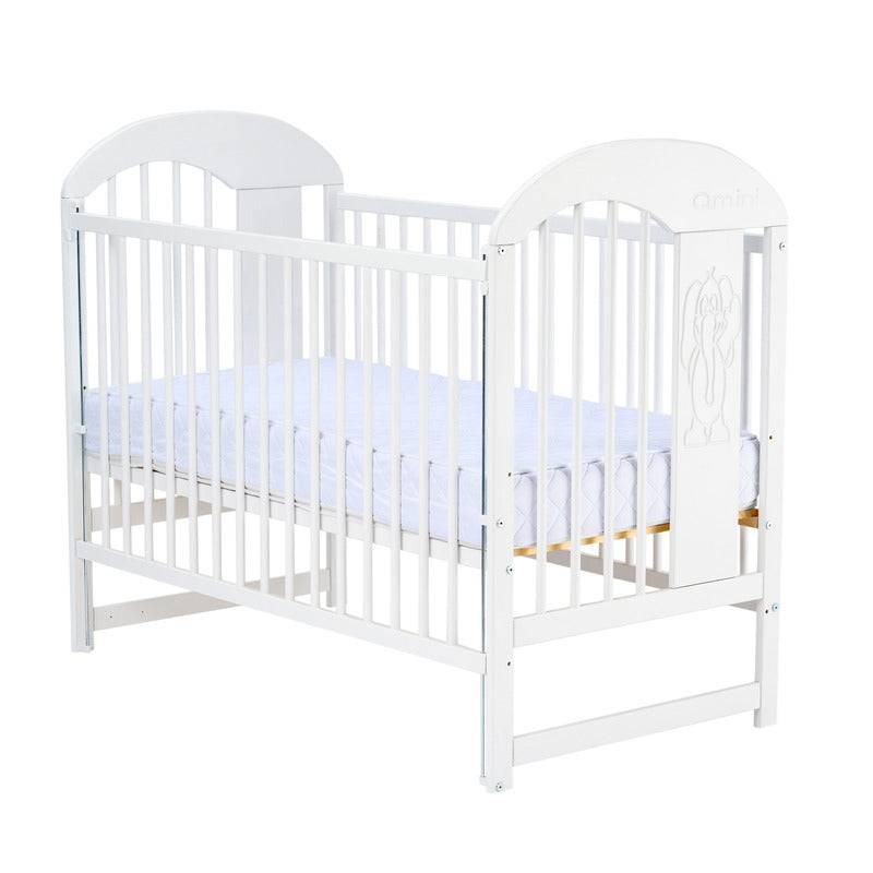 Patut din lemn bebe, 120x60 cm, Cu laterala culisanta, Din lemn de pin, Stabil si rezistent, Inaltime saltea reglabila pe 3 nivele, Laterala cu 3 bete detasabile, EN716-1, EN716-2, Alb, Qmini, Julia II, Elefantel + Saltea 12 cm - gogobaby.ro
