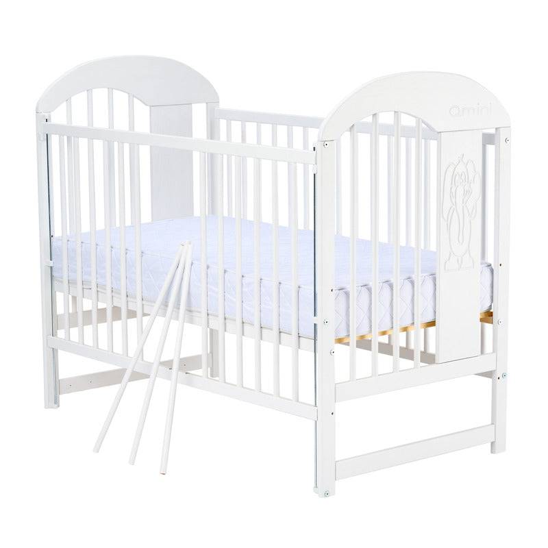 Patut din lemn bebe, 120x60 cm, Cu laterala culisanta, Din lemn de pin, Stabil si rezistent, Inaltime saltea reglabila pe 3 nivele, Laterala cu 3 bete detasabile, EN716-1, EN716-2, Alb, Qmini, Julia II, Elefantel + Saltea 8 cm - gogobaby.ro