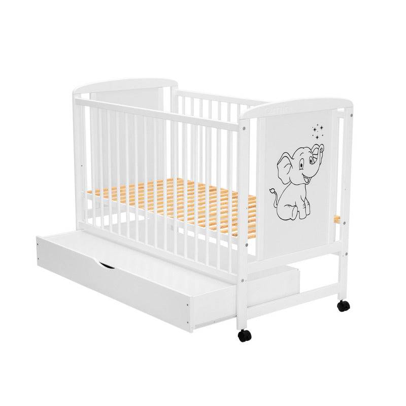 Patut din lemn bebe, 120x60 cm, Cu sertar, Din lemn de pin si mdf, Stabil si rezistent, Inaltime saltea reglabila pe 3 nivele, Laterala cu 3 bete detasabile, EN716-1, EN716-2, Alb, Qmini, Timmi Elephant - gogobaby.ro