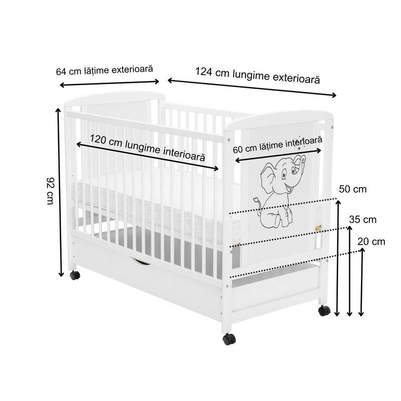 Patut din lemn bebe, 120x60 cm, Cu sertar, Din lemn de pin si mdf, Stabil si rezistent, Inaltime saltea reglabila pe 3 nivele, Laterala cu 3 bete detasabile, EN716-1, EN716-2, Alb, Qmini, Timmi Elephant - gogobaby.ro