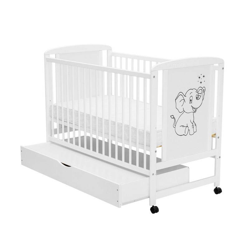 Patut din lemn bebe, 120x60 cm, Cu sertar, Din lemn de pin si mdf, Stabil si rezistent, Inaltime saltea reglabila pe 3 nivele, Laterala cu 3 bete detasabile, EN716-1, EN716-2, Alb, Qmini, Timmi Elephant - gogobaby.ro