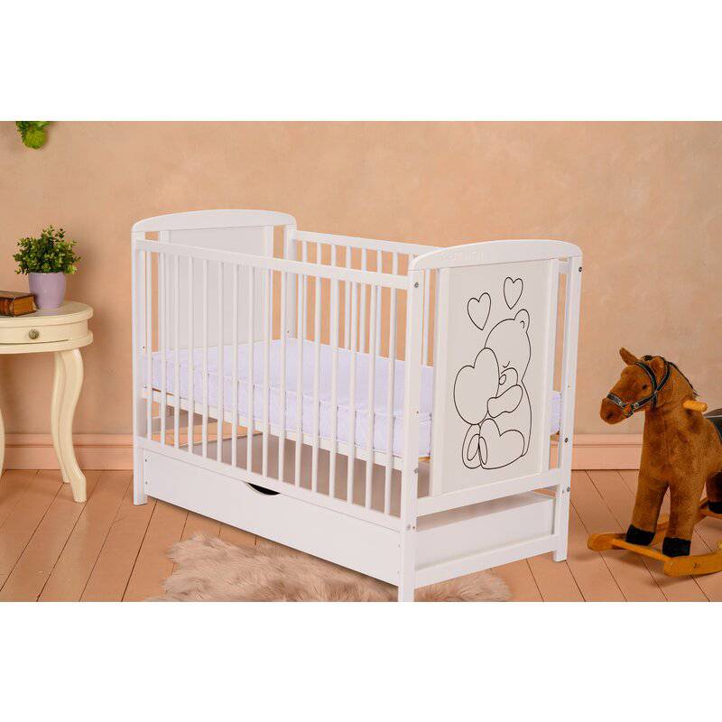 Patut din lemn bebe, 120x60 cm, Cu sertar, Din lemn de pin si mdf, Stabil si rezistent, Inaltime saltea reglabila pe 3 nivele, Laterala cu 3 bete detasabile, EN716-1, EN716-2, Alb, Qmini, Timmi Heart - gogobaby.ro