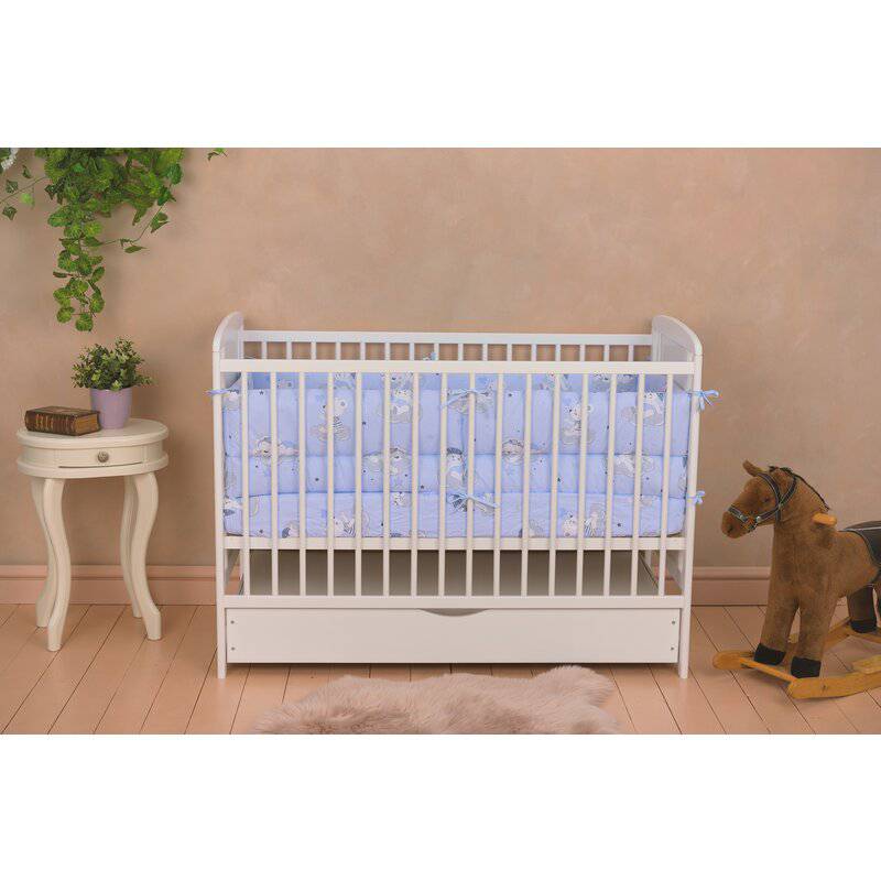 Patut din lemn bebe, 120x60 cm, Cu sertar, Din lemn de pin si mdf, Stabil si rezistent, Inaltime saltea reglabila pe 3 nivele, Laterala cu 3 bete detasabile, EN716-1, EN716-2, Alb, Qmini, Timmi Heart - gogobaby.ro