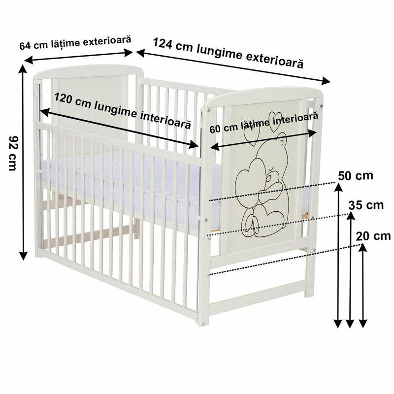 Patut din lemn, 120x60 cm, Cu laterala culisanta, Din lemn de pin si mdf, Stabil si rezistent, Inaltime saltea reglabila pe 3 nivele, Laterala cu 3 bete detasabile, EN716-1, EN716-2, Alb, Qmini, Timmi Heart + Saltea 10 cm - gogobaby.ro