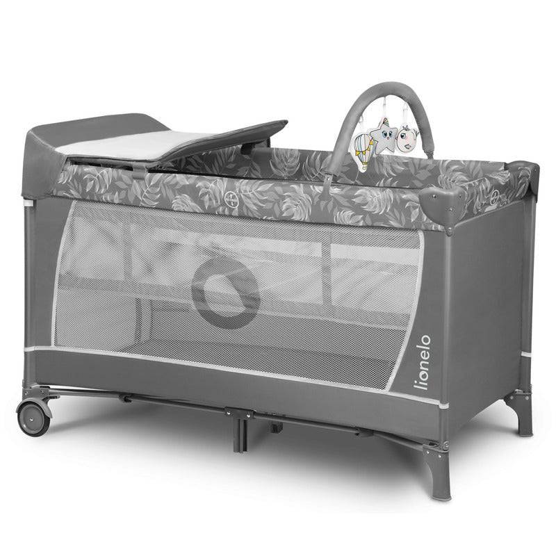 Patut pliant, Lionelo, Flower, Cu doua nivele, Cu arcada, Geanta transport, Masuta de infasat, Bara cu jucarii, Fereastra laterala, 120x60 cm, Conform cu standardele europeane de securitate EN 716 si EN12221, Gri - gogobaby.ro