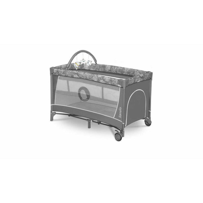Patut pliant, Lionelo, Flower, Cu doua nivele, Cu arcada, Geanta transport, Masuta de infasat, Bara cu jucarii, Fereastra laterala, 120x60 cm, Conform cu standardele europeane de securitate EN 716 si EN12221, Gri - gogobaby.ro