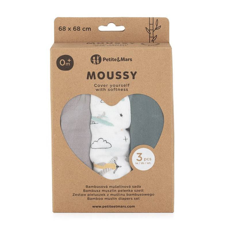 Set 3 scutece, Petite&Mars, Moussy Grey Planes, Din muselina de bambus, Hipoalergenice, 68 x 68 cm, Certificate Oeko Tex Standard 100, Multicolor - gogobaby.ro