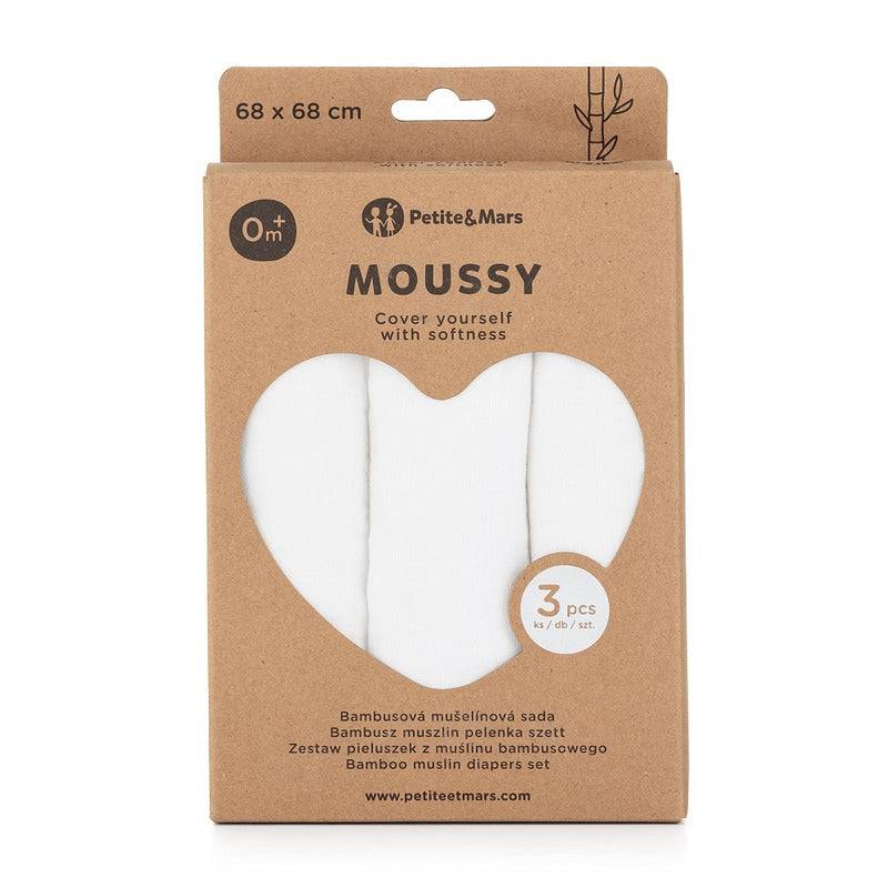 Set 3 scutece, Petite&Mars, Moussy Total White, Din muselina de bambus, Hipoalergenice, 68 x 68 cm, Certificate Oeko Tex Standard 100, Alb - gogobaby.ro