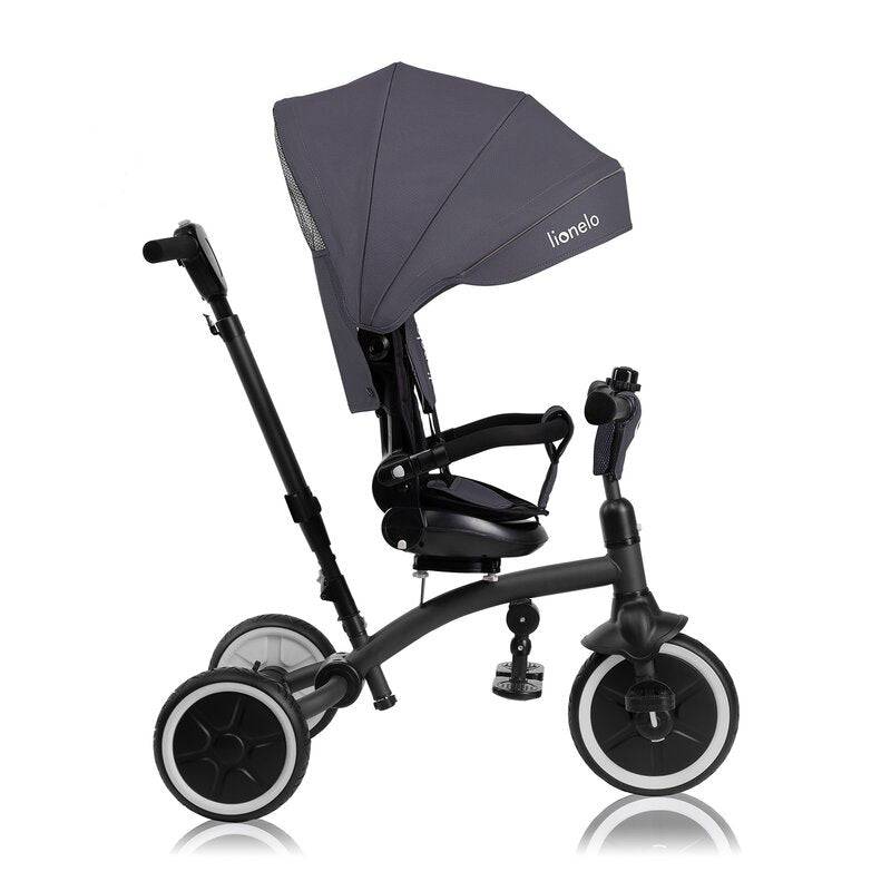 Tricicleta copii, Lionelo, Tris Plus, Ultrapliabila, Multifunctionala, Pana la 25 kg, Inclinare spatar in fata si in spate, Suport picioare, Control al directiei, Scaun reversibil, Rotire 360 grade, Conform cu EN71, 9 luni-5 ani, Gri - gogobaby.ro