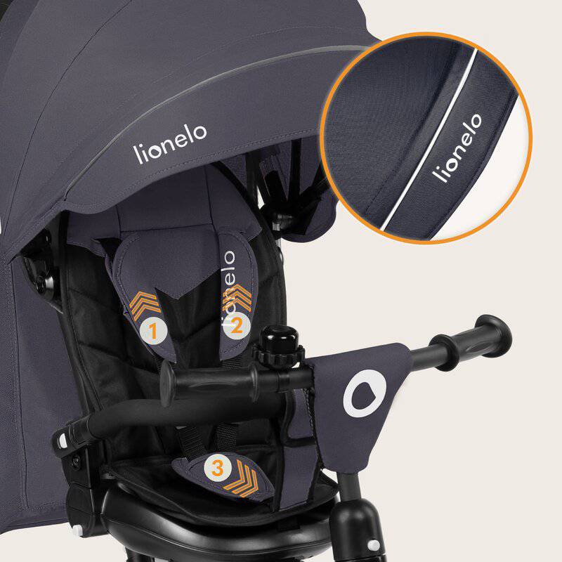 Tricicleta copii, Lionelo, Tris Plus, Ultrapliabila, Multifunctionala, Pana la 25 kg, Inclinare spatar in fata si in spate, Suport picioare, Control al directiei, Scaun reversibil, Rotire 360 grade, Conform cu EN71, 9 luni-5 ani, Gri - gogobaby.ro