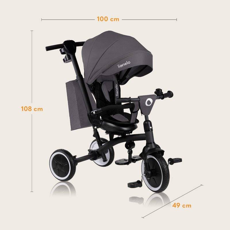Tricicleta copii, Lionelo, Tris Plus, Ultrapliabila, Multifunctionala, Pana la 25 kg, Inclinare spatar in fata si in spate, Suport picioare, Control al directiei, Scaun reversibil, Rotire 360 grade, Conform cu EN71, 9 luni-5 ani, Gri - gogobaby.ro