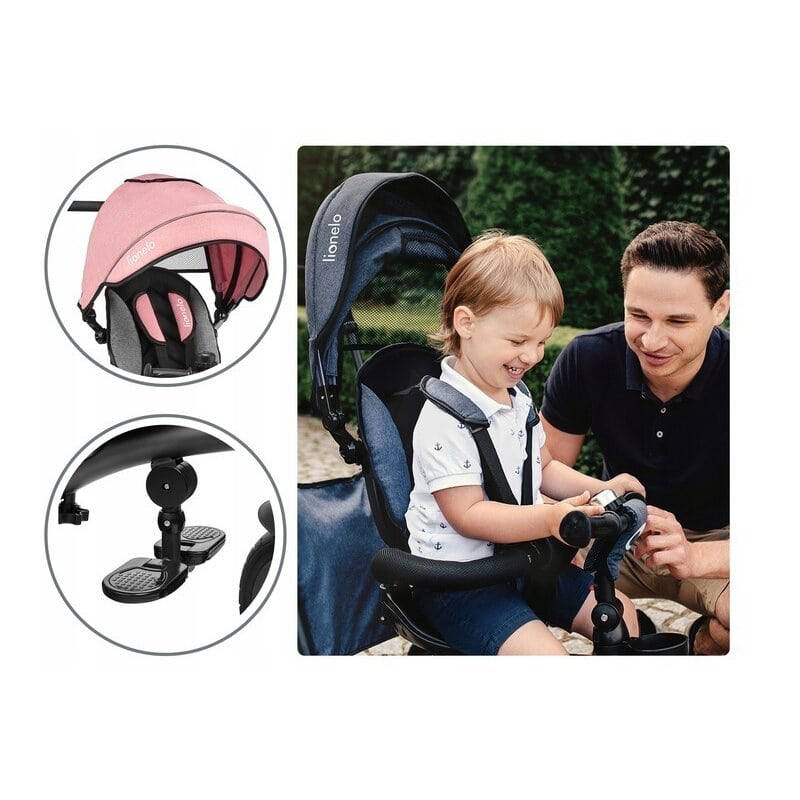 Tricicleta copii, Lionelo, Tris, Ultrapliabila, Multifunctionala. Mecanism de pedalare libera, Suport picioare, Control al directiei, Scaun reversibil, Rotire 360 grade, Conform cu standardul europeane de securitate EN71, Roz/Gri - gogobaby.ro