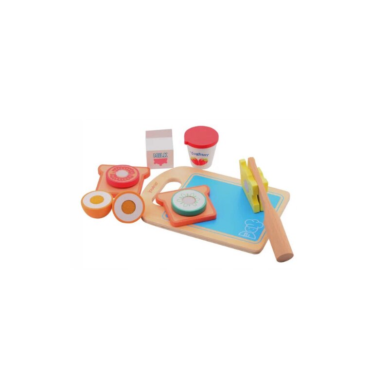 Set mic dejun, Joueco, Din lemn certificat FSC, Cu prindere arici velcro, 13 piese, 3 ani +, Multicolor