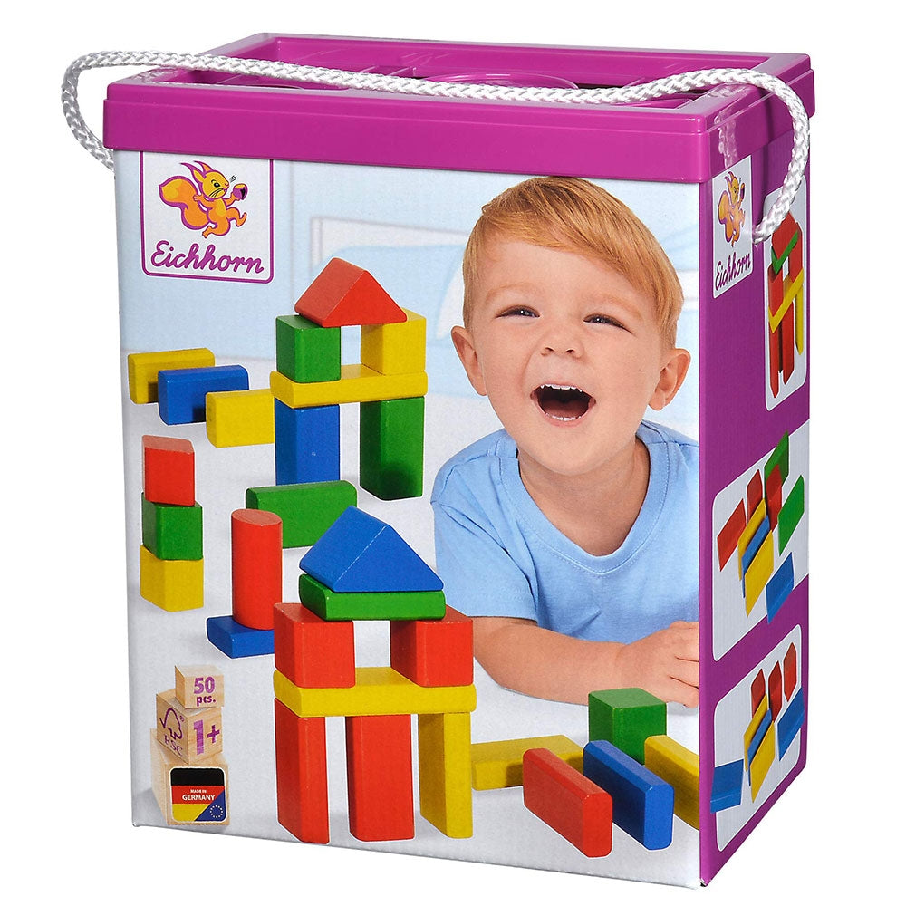 Jucarie Eichhorn Cuburi in galetusa Coloured Wooden Blocks 50 piese - gogobaby.ro
