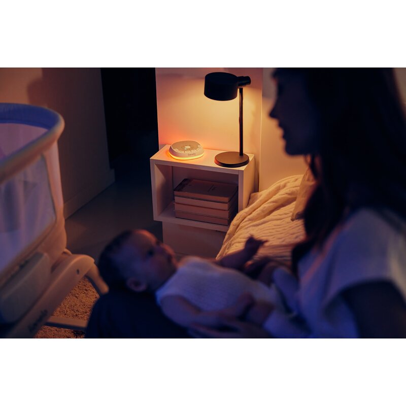 Lampa de veghe, Lionelo, BabyNap, 2 in 1, Wireless, Cu sunete si melodii de leagan, Cu 11 culori si 3 niveluri de luminozitate, Cu functie de redare si inregistrare batai inima, Alb - gogobaby.ro